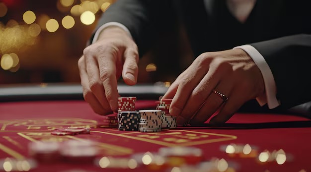 Live Sic Bo dealer rolling dice at bandar bola table